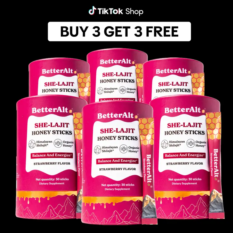 B3G3 Women Multi-Mineral Honey Sticks | BetterAlt SHE-Lajit Strawberry Flavor | Shilajit, Shatavari & Saffron | Hormonal Balance & Energy