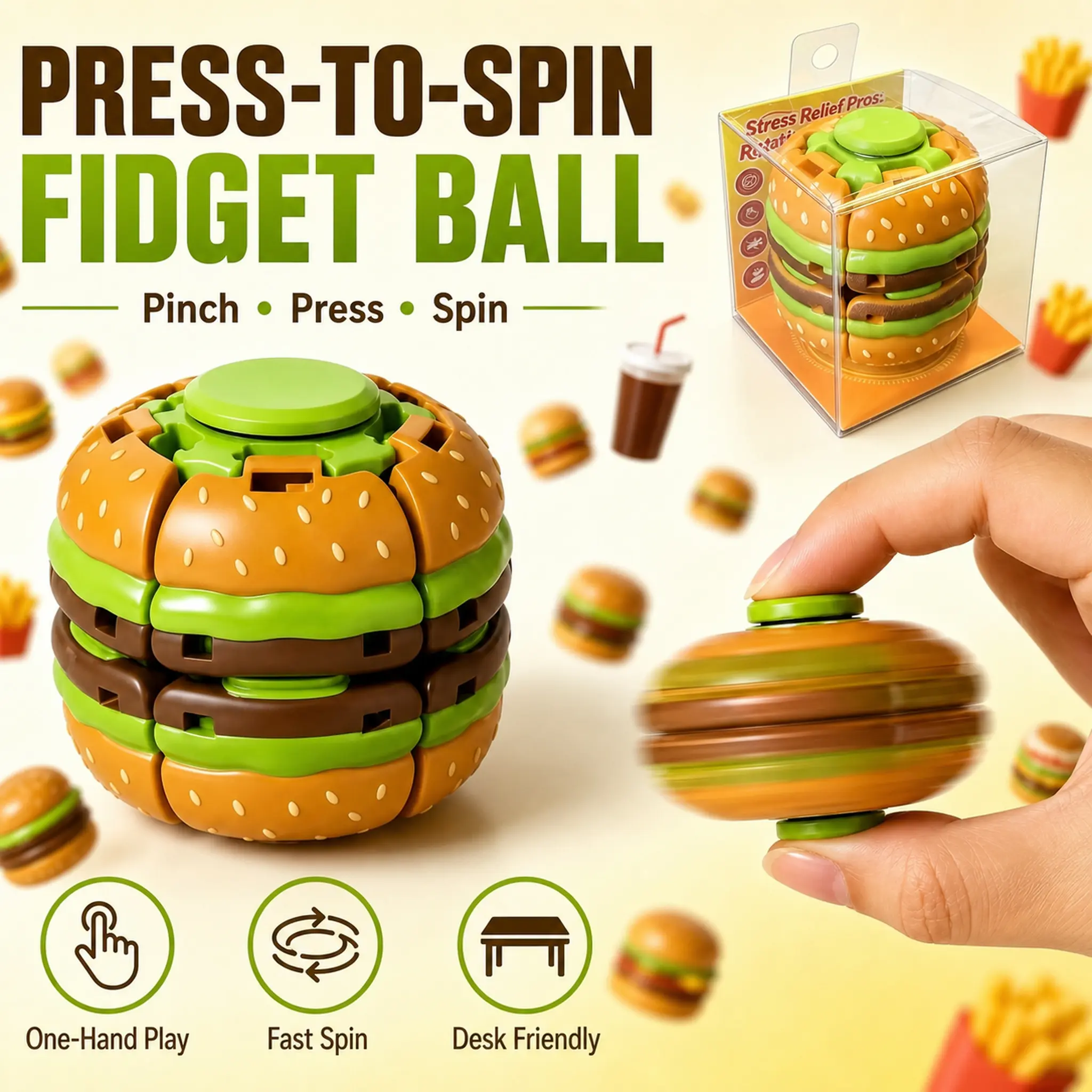 LM Press-to-Spin Transforming Burger Fidget Ball, Burger Fidget Spinner, Smooth Spinning Sensory Gyro Toy, Stress Relief Desk Gadget, Anxiety Relief Fidget Toy, ADHD Focus Aid, Portable Handheld Fidget Gyro for Kids, Teens & Adults