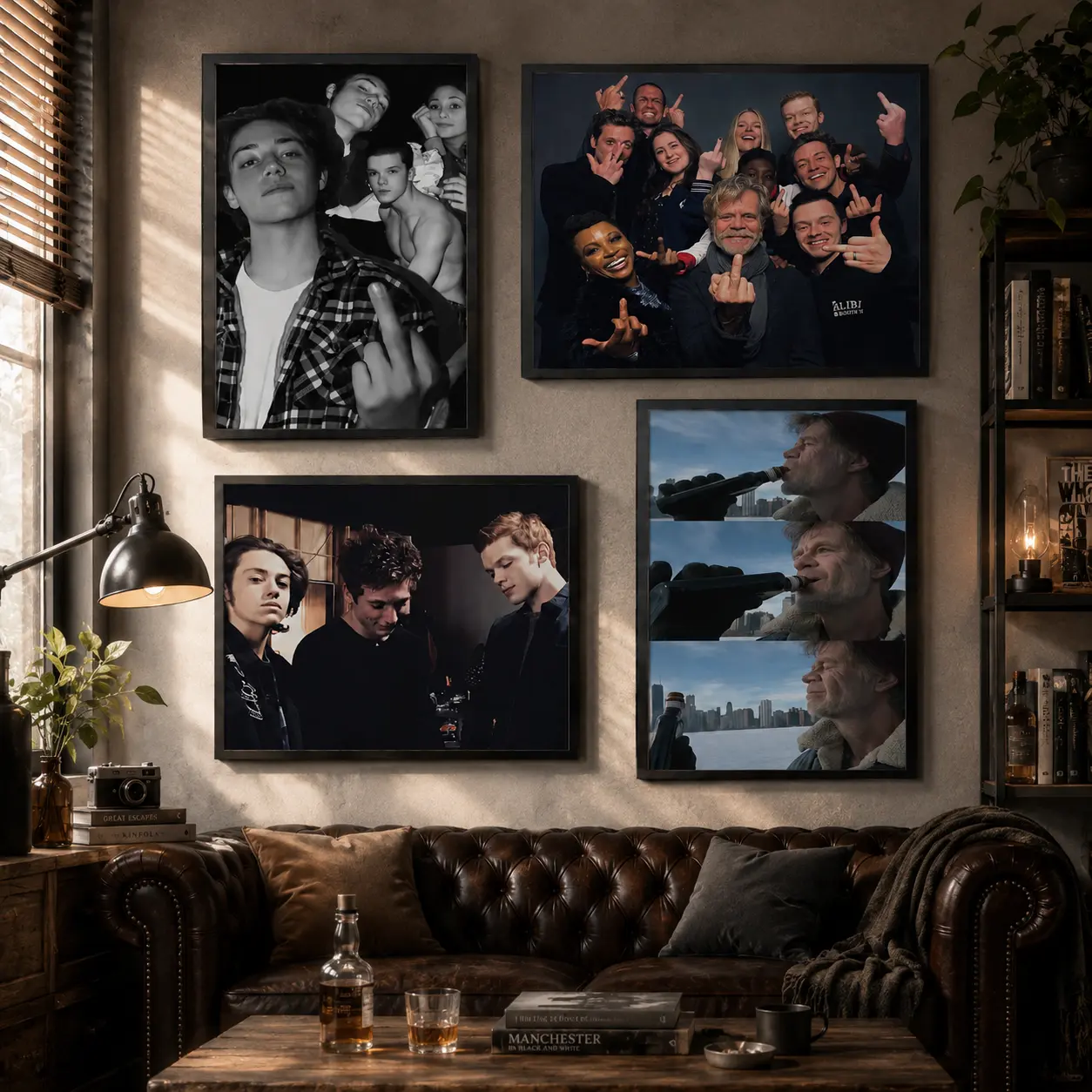 4 Style Shameless US Version Family Character Canvas Wall Art Bundle, Frank Gallagher Winter Drinking Meme / Full Cast Middle Finger Group Shot / Lip Gallagher Trio BTS / Black White Sibling Collage Print, Grunge Indie Teen Dorm Bar Man Cave Decor