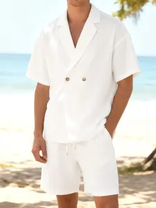 Men's Casual Suit Set, Trendy Commuter Style, Textured Fabric, Plain, Short Sleeve, Comfortable Details, Summer Fashion, Daily Commute, Menswear