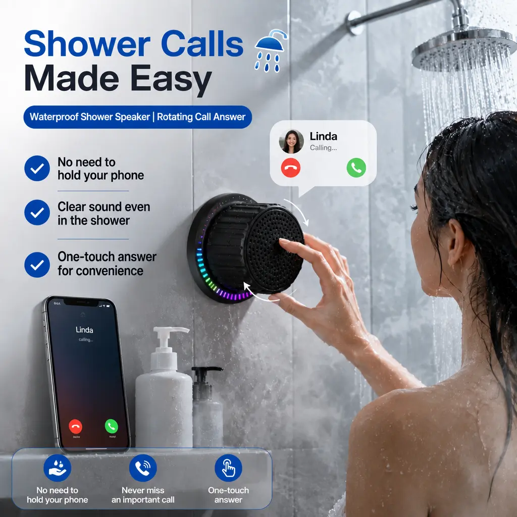 Rotating sound system for the bathroom, rotating to answer the phone, high-definition stereo sound, suitable for kitchen, bathroom, outdoor, portable, wireless, waterproof audio system