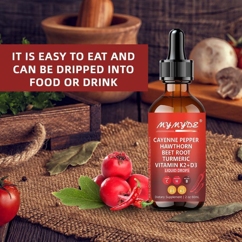 Cayenne Pepper Supplement Liquid Drops + Hawthorn Berry, Vitamin D3 K2 Organic Beet Root Powder, Ceylon Cinnamon, Turmeric Curcumin, Panax Ginseng Healthcare Dietary Edible