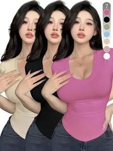 Women's Basic Solid Color V Neck Tee, Casual Short Sleeve T-shirt for Summer, Ladies Clothes for Daily Wear, Top