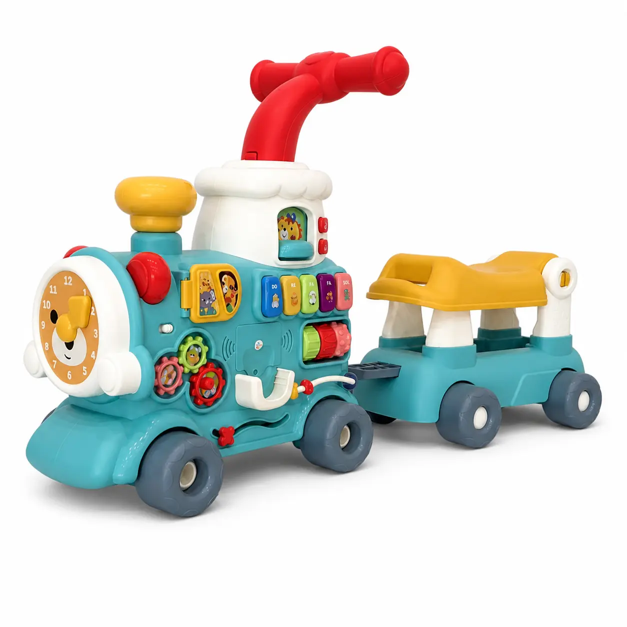 5-in-1 Baby Walker Train, Sit-to-Stand Push Walker and Ride-On Toy with Interactive Activity Panel, Mist Feature, Shape Sorter, Storage and 6 Blocks