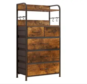 Tall Dresser for Bedroom, Vertical Dresser with 5 Fabric Drawers and 2-Tier Open Shelves, Chest of Drawers with Hanging Racks for Living Room, Small Space, Rustic Brown