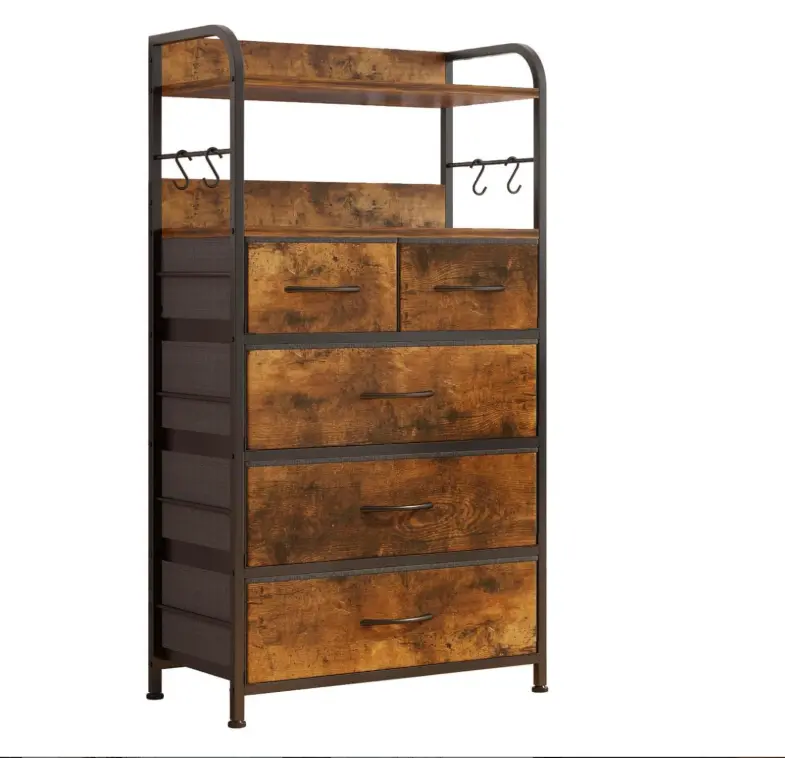 Family Friendly Modern Storage Dresser - Tall Vertical Indoor Cabinet with 5 Fabric Drawers, 2-Tier Shelves, Removable Adjustable Hooks, Stable Assembly-Required Chest, 360° Floor Fit for Small Space Bedroom, Dresser Organization, Small Room Ideas