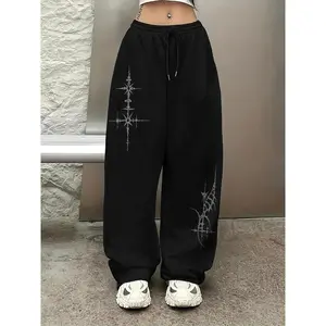 Women's Light Gray Sweatpants - Cross-Print Oversized Straight Leg, Polyester Knit Casual Bottoms with Drawstring Waist for Comfort