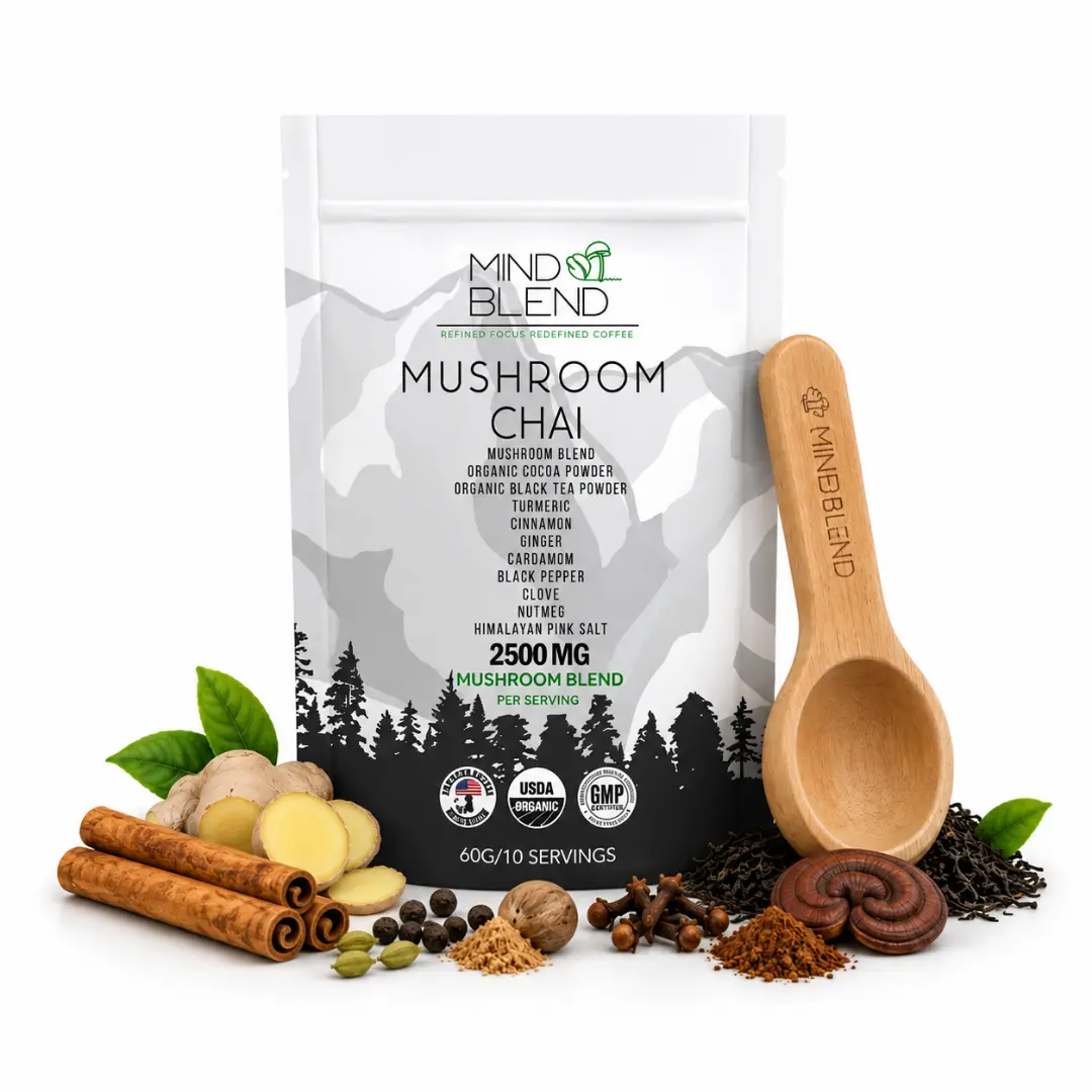 Mind Blend Mushroom Chai Tea, 10 Servings, Lion's Mane, Cordyceps, USDA Organic, Gluten Free, Vegan | Made in the USA | Adaptogens Supporting Natural Energy, Gut Health, Mental Focus | Coffee Alternative