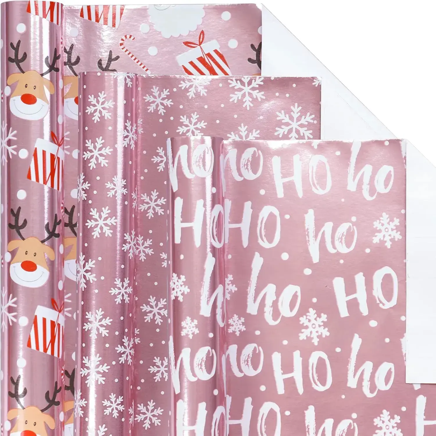 Christmas Wrapping Paper Mini Rolls - 3 Pack (42.5 sq.ft. Total), 17x120in Pink Metallic Foil Finish Paper with Snowflakes, Santa, HO Lettering, Christmas Cartoons, Gridlines on Reverse Side, for Elegant and Attractive Medium & Small Gifts, DIY Decoration