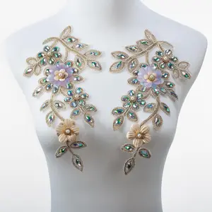 Pair Embroidered Beaded  Flower Fabric Colorful Rhinestones Applique,  Sewing Tool for Wedding Dress Gown Bodice Costume Clothing Craft DIY