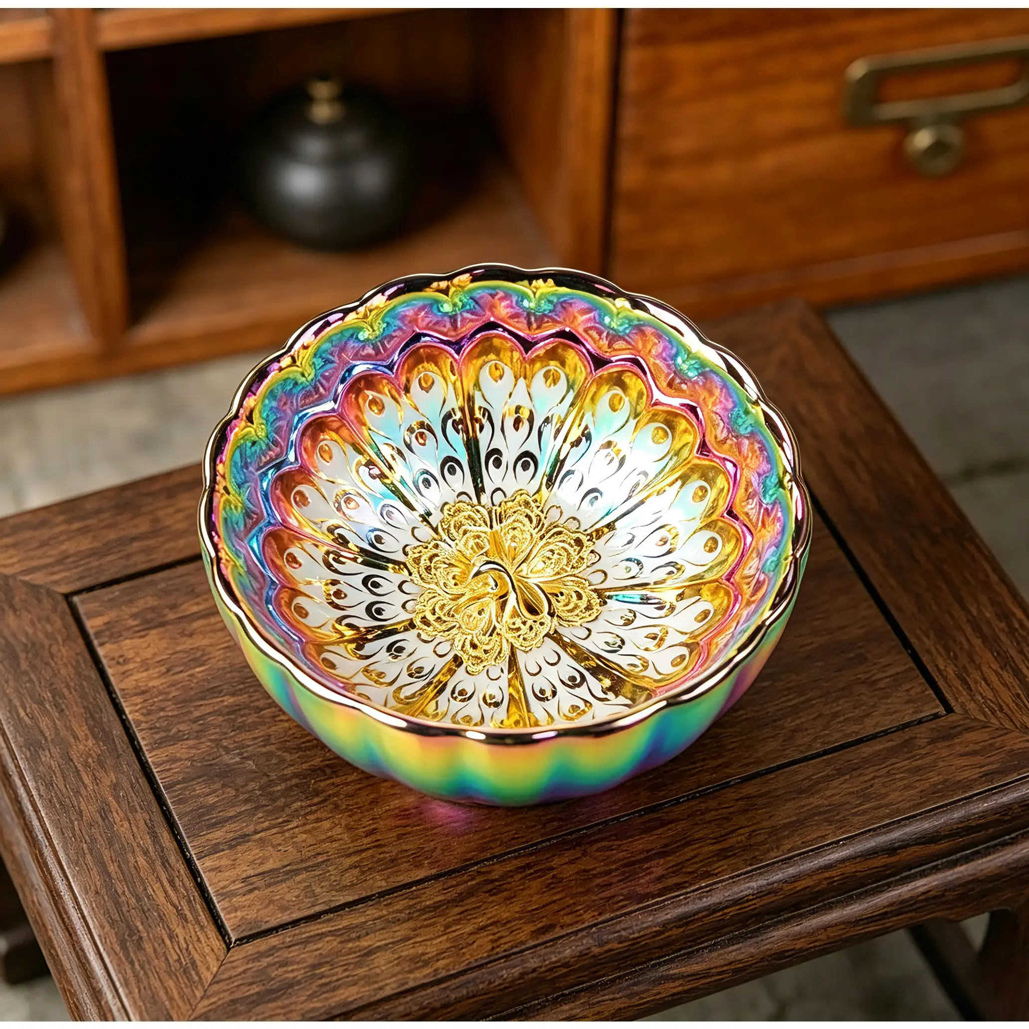 Artisan Porcelain Jianzhan Teacup - Rainbow Phoenix & Blossom Design, Glow-in-the-Dark Collectible Cultural Item, No