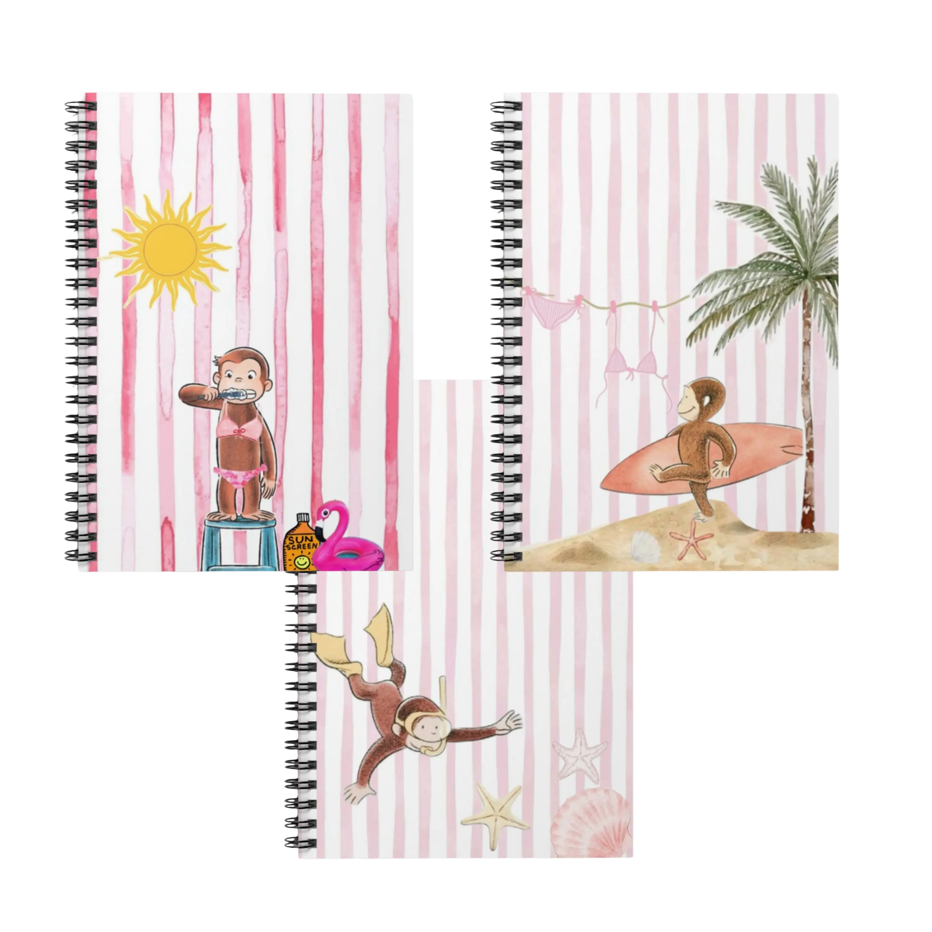 3pcs Journal Notebooks Summer Beach Curious George Monkey On Pink Stripe Hanging Bikini Surfing Diving Into Ocean Cute Girlie Summer Colorful Girls Notebook School 160 Pages A5 Spiral-bound, Waterproof Flexible Plastic Cover Journal Notebook