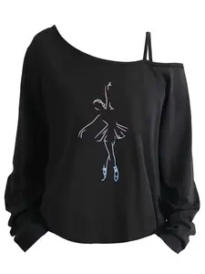 Women's Ballerina Dance Print Single-Shoulder T-Shirt - Asymmetric Strap Drop Shoulder Top with Ballerina-Themed Print, Relaxed Fit for Dance Costumes & Casual Attire, Machine Washable All-Season Comfortable Wearable for Ballet Dancers &