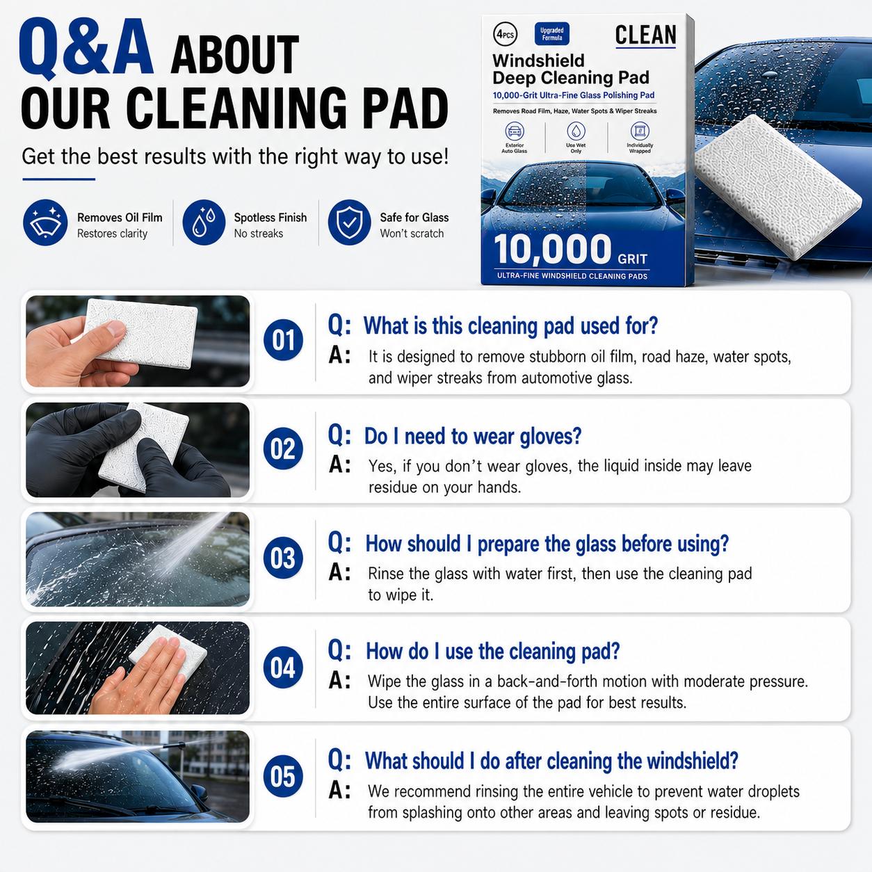 10,000 Grit Windshield Deep Cleaning Pads, 4PCS Auto Glass Cleaning Wipes with 2 Pairs Nitrile Gloves, Oil Film & Water Spot Remover for Car Windshield, Removes Road Film, Haze & Wiper Streaks