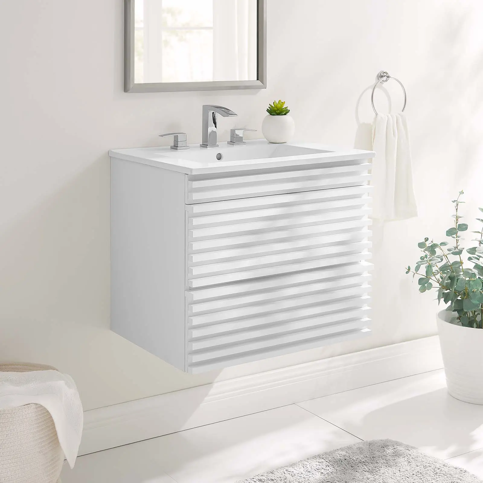 Modway Render 24" Wall-Mount Mid Century Modern Bathroom Vanity - White, Retro Wall Hanging, Assembly Required, Stylish Finish, Small Bathroom Home Improvement Fixture Set