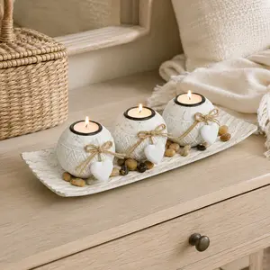 Set of 4 plastic leaf-shaped candle holders with a marble-pattern tray — rustic wood grain tabletop decor, elegant country-style centerpiece, suitable for Valentine’s Day, weddings, and gifts; easy-to-clean surface (candles not included).