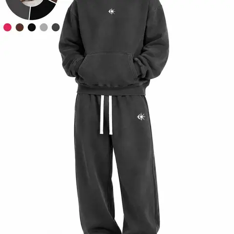 Men's 2-Piece Cotton Blend Vintage Washed Hooded Tracksuit - Long Sleeve Pullover Hoodie Jacket, Wide Pants with Drawstrings, Minimal Logo Print, Street Style Male Clothing for Basketball, Daily Wear