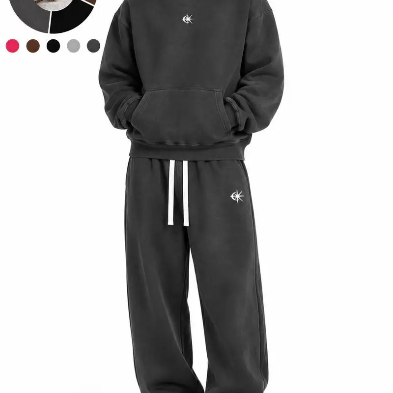 Men's 2-Piece Cotton Blend Vintage Washed Hooded Tracksuit - Long Sleeve Pullover Hoodie Jacket, Wide Pants with Drawstrings, Minimal Logo Print, Street Style Male Clothing for Basketball, Daily Wear