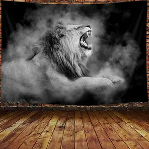 Lion Tapestry, Wild Animal African Lion on Black Background, Black and White Lion Tapestry Decor, Animal Lightweight Tapestry Decorative Wall Hanging for Bedroom Living Room Collage Dorm Decorative