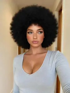 70s Short Afro Curly Wig with Bangs, Bouncy Fluffy Kinky Curly Wig for Women, Synthetic Hair for Daily Party Cosplay
