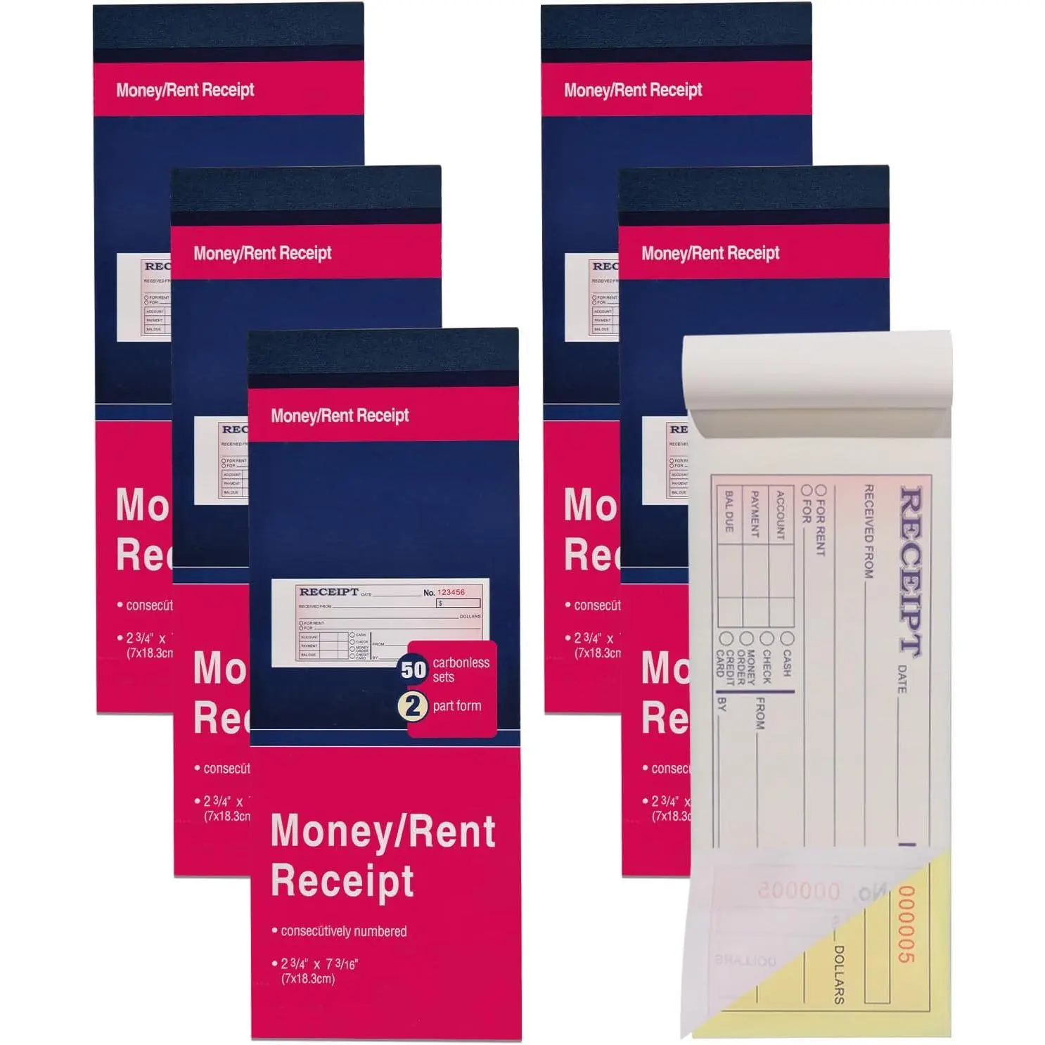 6 Pack Receipt Book with Carbon Copies,  and Rent Receipt Book for Small Business, 2-3/4" x 7-3/16", 2-Part Carbonless, 50 Sets per Book