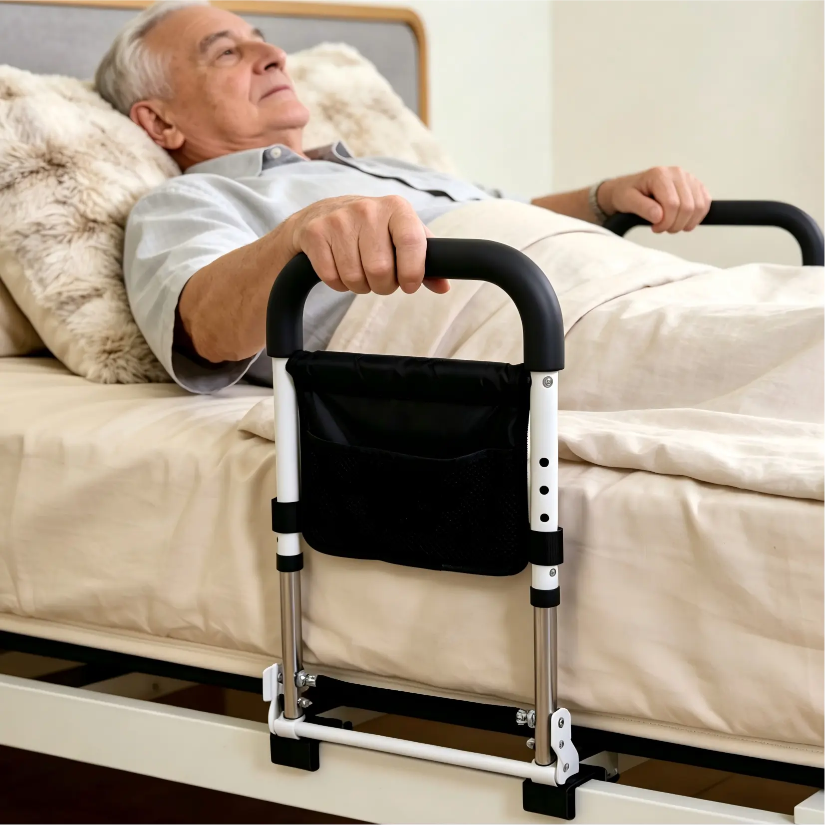 Bed Assist Rail for Seniors, No Assembly Required Bed Rail, 5-Level Height Adjustable Bed Support Handle, Foldable Bedside Safety Rail for Elderly Adults