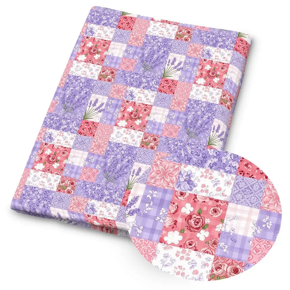 1 piece of floral patchwork print fabric—59 x 19.68 inches (150 x 50 cm) of pre-cut polyester fabric featuring lavender, rose, and checkered patterns—perfect for DIY sewing, scrapbooking, tablecloths, and crafts