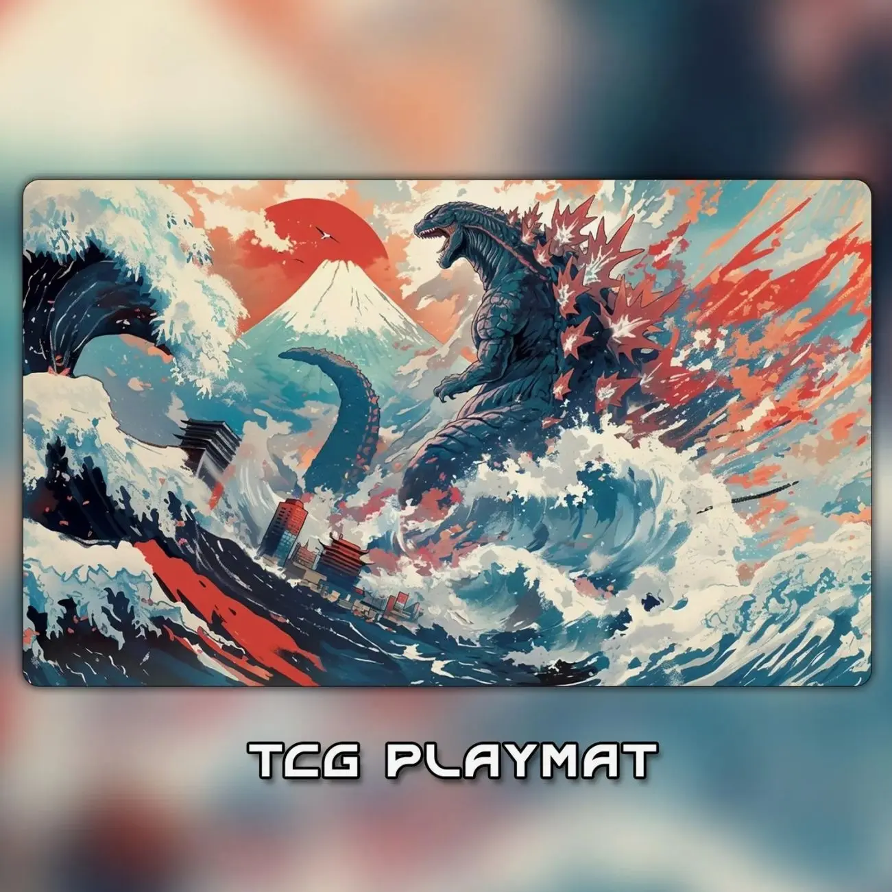 MTG Playmat, Godzilla Beside Fuji Trading Card Game, Custom Zones (24"x14")