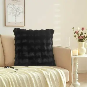 Faux Fur Throw Pillow Cover, Black, Soft Plush Decorative Cushion Case, Square Shape