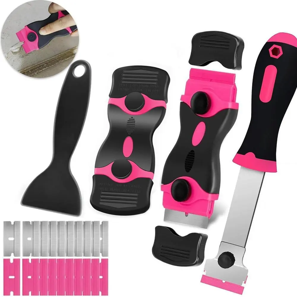 Pink Razor Blade Scraper Tool Set, Paint Scraper Tool, Cleaning Razor Scraper for Glass, Glass Top Stove Scraper for Oven Door, 2-in-1 Scraper Tool Set with 20Pcs Razor Blades for Removing Window Labels, Stickers and Adhesives on Surfaces, Tough Scraper