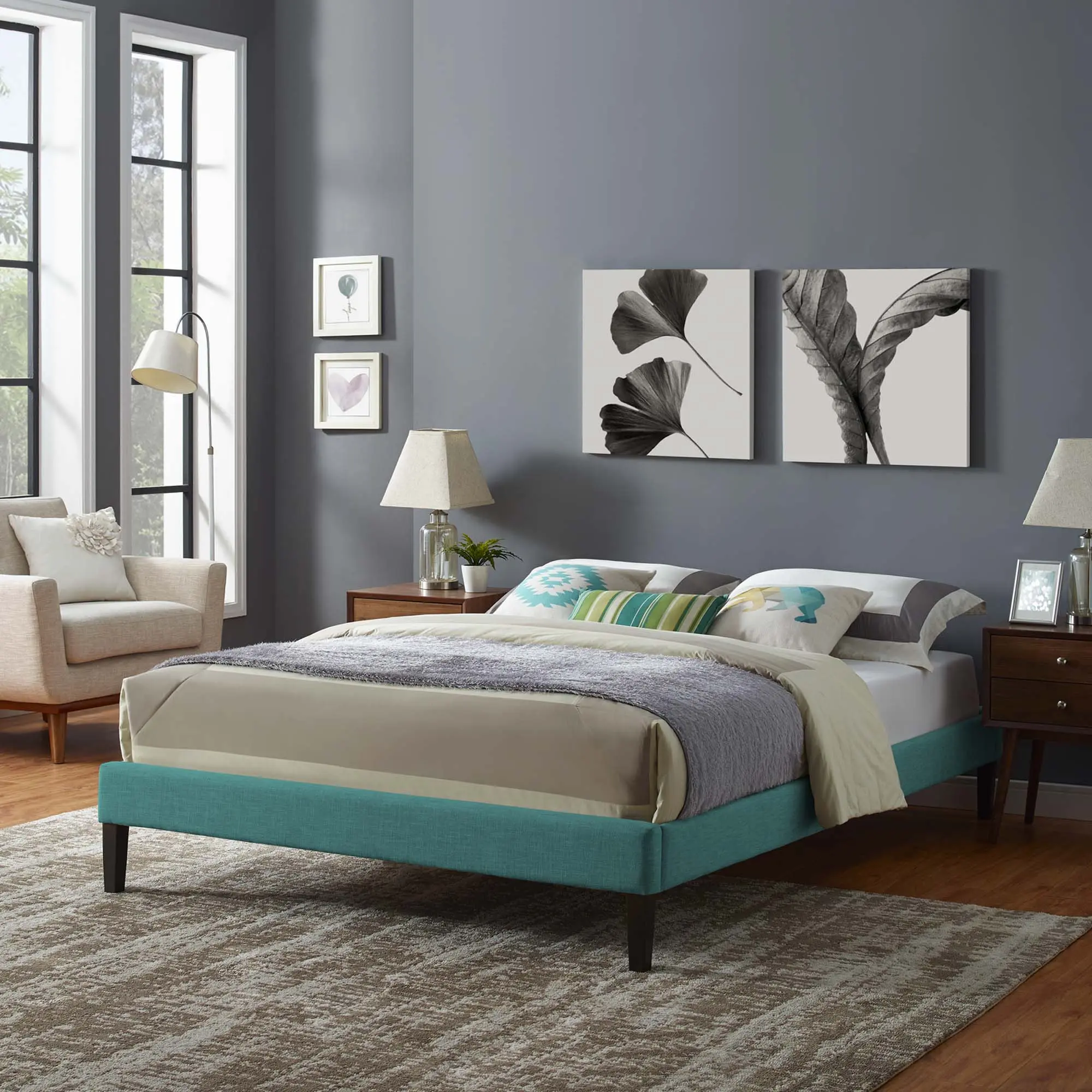 Modway Tessie Queen Minimalist Platform Bed Frame - Mid-Century Modern Design, Squared Tapered Solid Wood Legs, Centered Wood Supporting Bar, Sturdy Base, Non-Slip, Supports Memory Foam Mattresses, Teal Plastic, for Contemporary Bedrooms