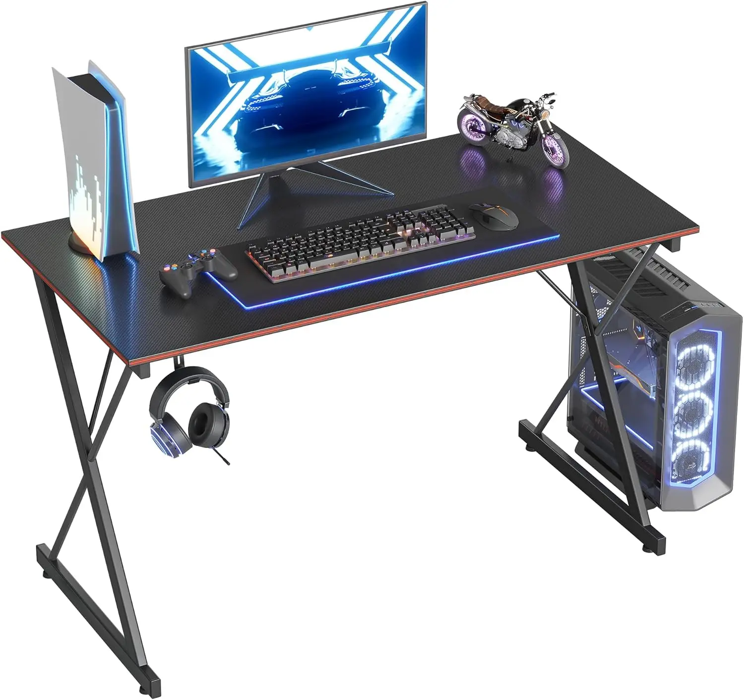 40 in Carbon Fiber Metal Ergonomic Rectangle Gaming Computer Desk - Simple Game Table Design, Lightweight and Durable, Headphone Hook, Monitor Riser, Dual Monitor Mount, Fire Safety Label, Assembly Required, for Home Office Use, Sleek Design