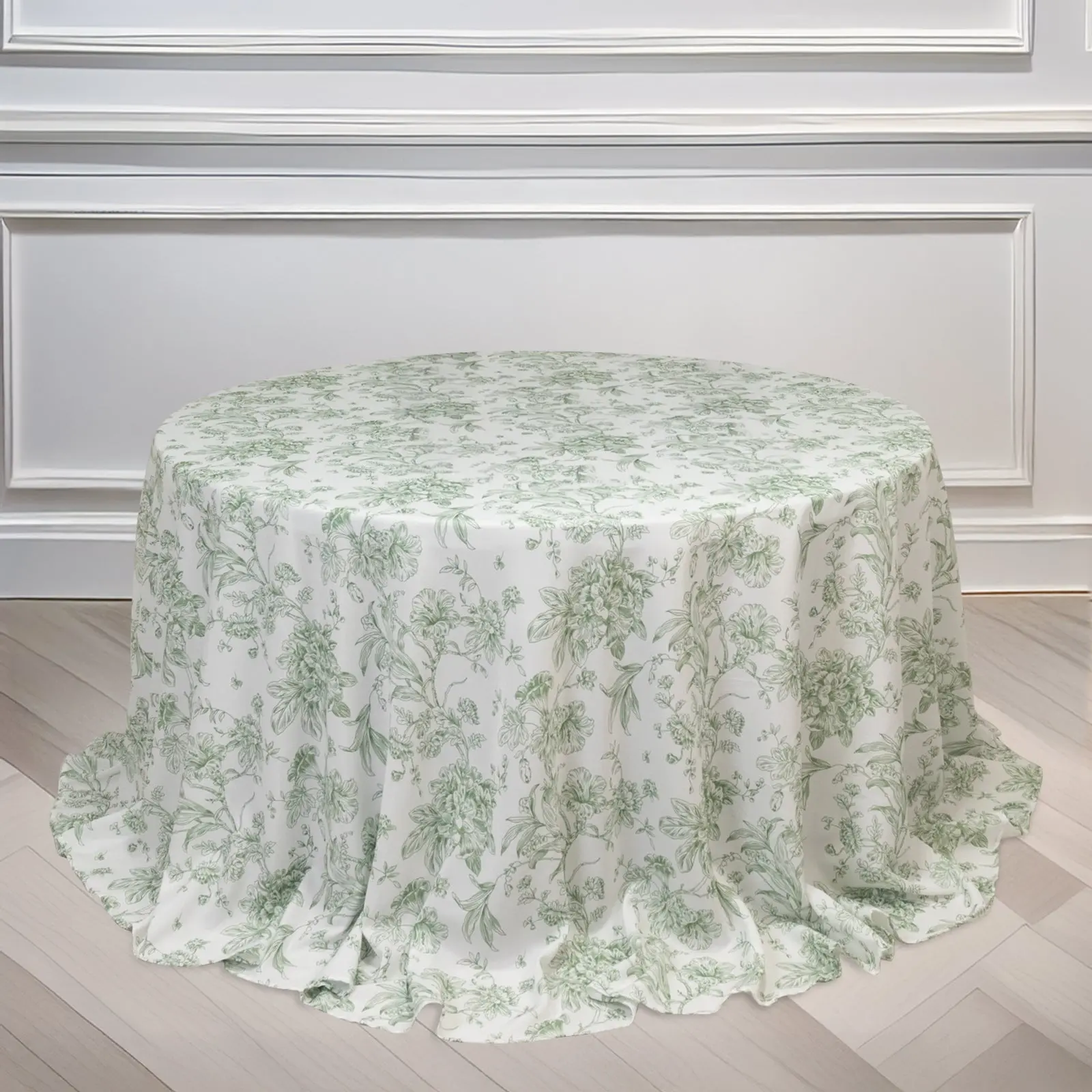 132in Polyester Round Tablecloth - White with Dusty Sage Green French Toile All Over Print, Machine Washable Outdoor Safe Tablecloth for Wedding, Indoor Banquet Cover, Outdoor Safe Tablecloths