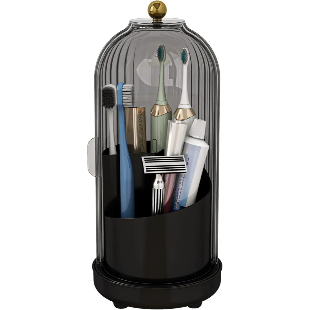 Black Edition High-Hardness Durable Plastic Multi-Section Multi-Compartment Toothbrush Holder with Protective Cover - 360° Rotating, Table Mount, Water Drainage, Clutter-Free Bathroom Organizer for Space-Saving Counter Storage