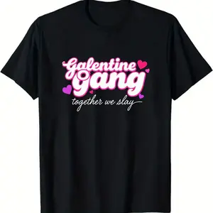 Galentine Gang Short Sleeve Crew Neck T-Shirt - Fun Black Tee with Playful Pink and Purple Heart Decorations, Perfect for Valentine's Day and Group Outfits, Stylish Casual Cotton Top for Girls' Night Out or Celebrating Friendship100% cotton,sizes S