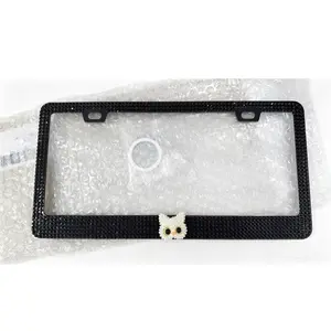 1 PC 3D Cat Design Bling License Plate Frame - Stainless Steel Glitter Crystal Diamond Cover Holder, Sparkly Rhinestone Car Tag Accessory for Outdoor Use, License Plate Frames