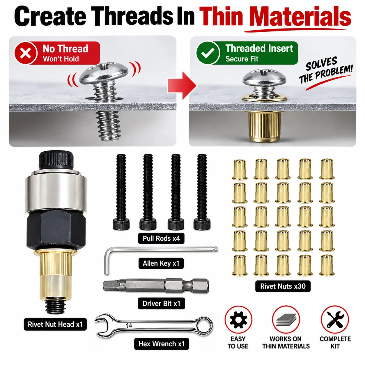 M6 Rivet Nut Tool Kit with 30 Brass Threaded Inserts, Rivnut Installer for Auto Repair, Sheet Metal DIY and Metal Projects