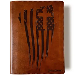 Personalized CSB He Reads Truth Bible - Saddle Brown - American Flag with Cross - Hand Lettered and Engraved