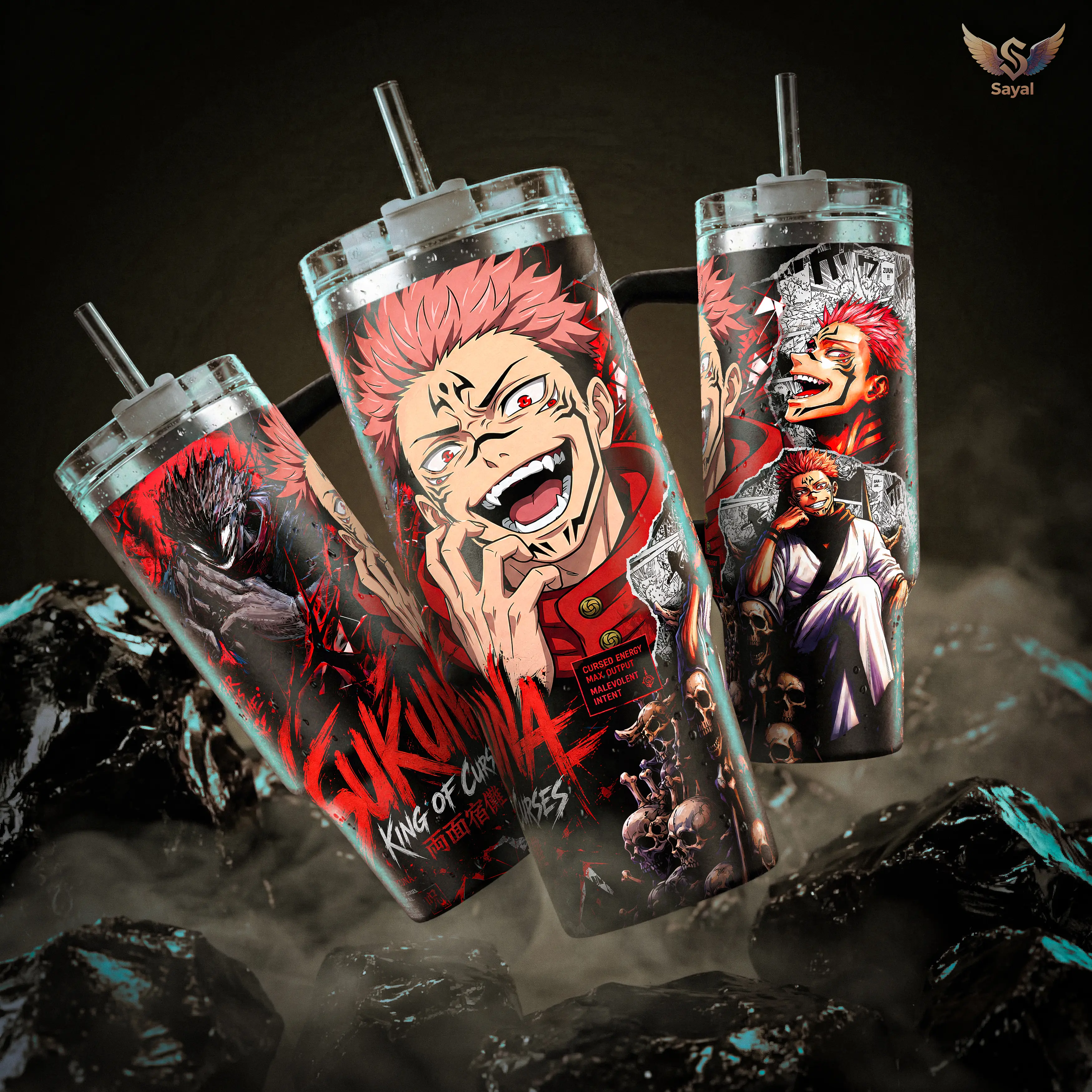 Sukuna King of Curses 40oz Vacuum Insulated Stainless Steel Tumbler - Anime Theme Water Bottle with Handle, Straw, Leak-Proof, for Jujutsu Kaisen Fans, Keeps Drinks Hot/Cold 12H+, Reusable Washable Daily Drinkware