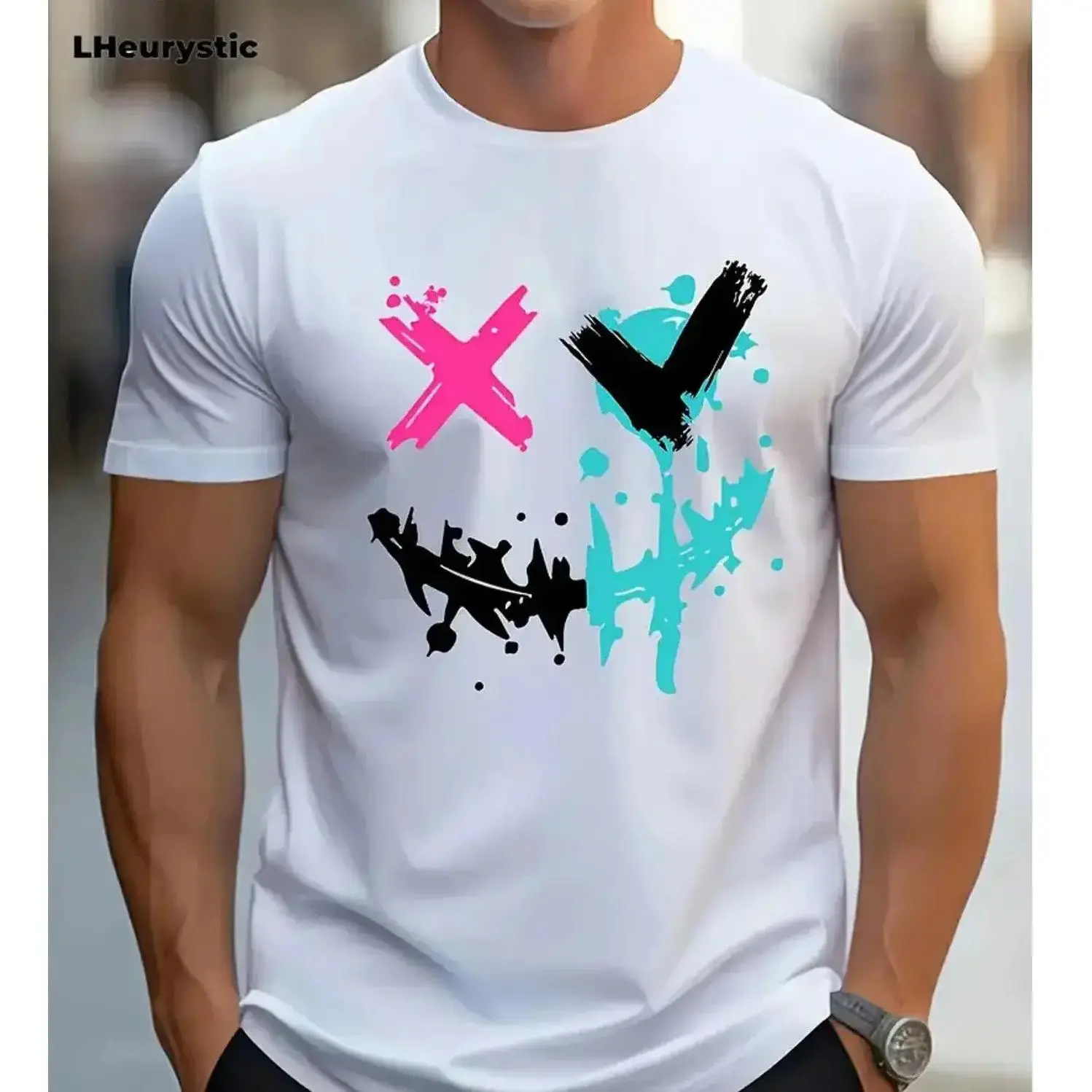 Men's Unisex Classic Fit Short-Sleeve Cotton Graphic T-Shirt, Artistic Graffiti Smiley Face Print, Round Neck Casual Streetwear, Do Not Bleach