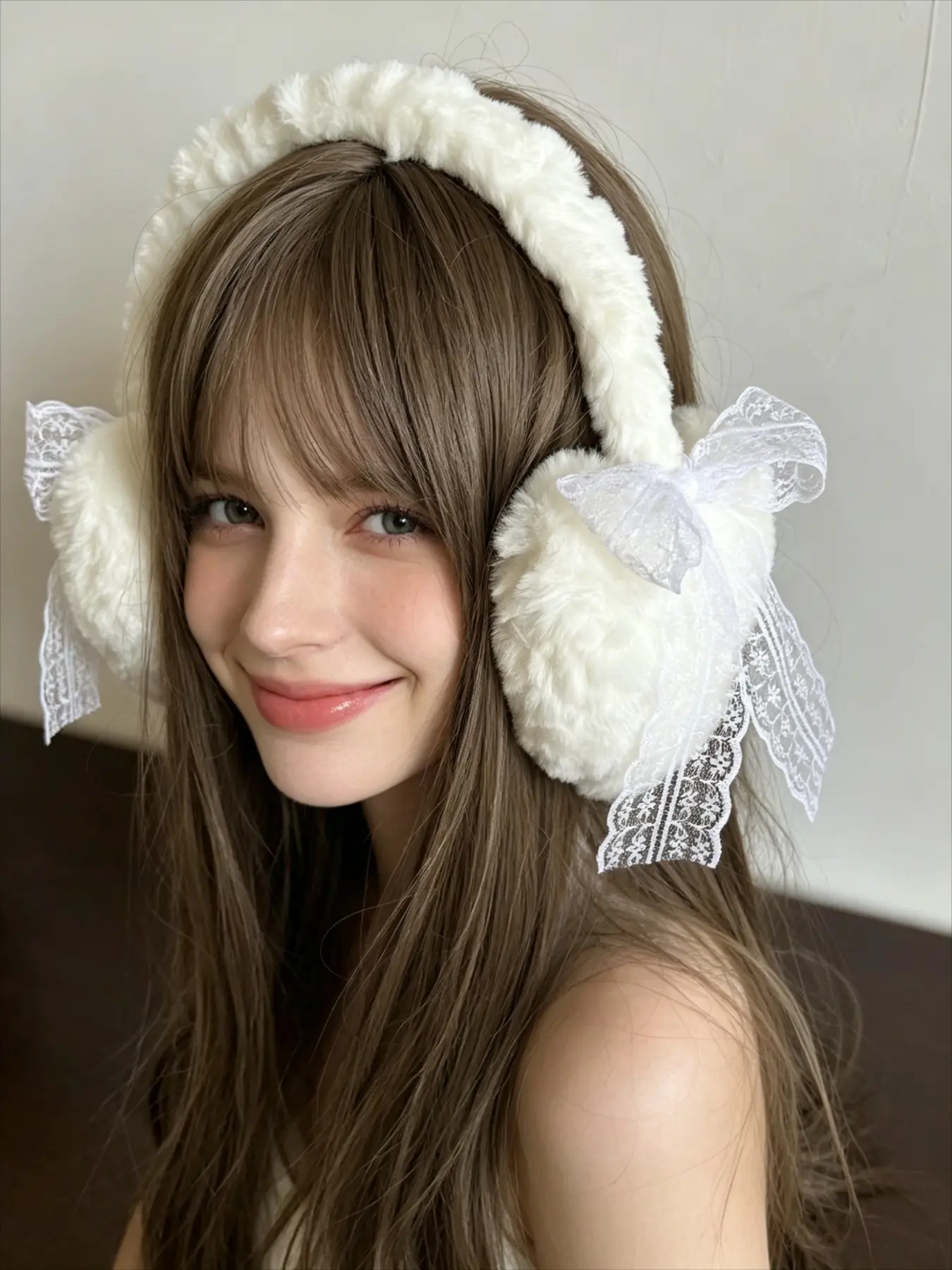 Winter new Japanese sweet cute lace bow warm headwear plush ear muffs heart-shaped ear covers