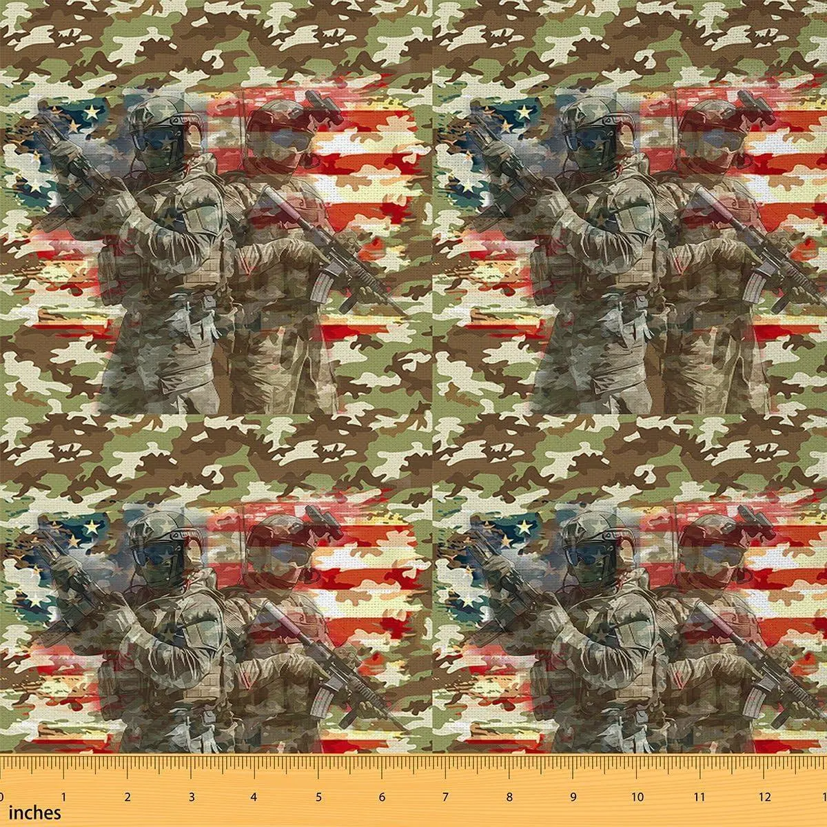 Camouflage Upholstery Fabric,Camo Soldier Pattern American Flag Decorative Fabric Upholstery and Home DIY Projects,Military Style Soft Flannel,,Green