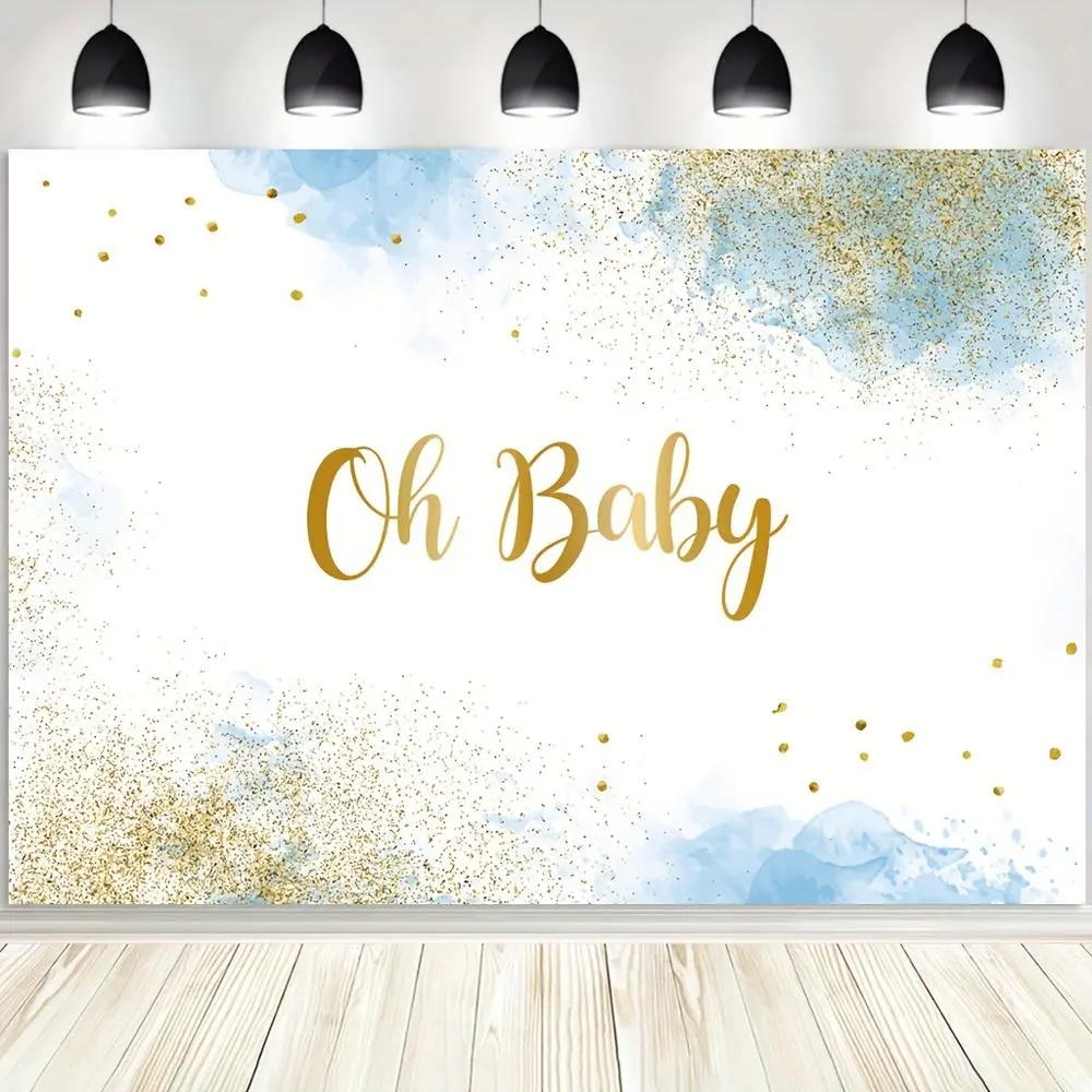 1pc 2D Flat Backdrop - Soft Durable Fabric, Watercolour Pastel Blue Clouds Print, Golden Glitter Glam Decor, Photo Studio Prop for Youngsters, Party Cake Table Banner with White Multicolor Ornaments