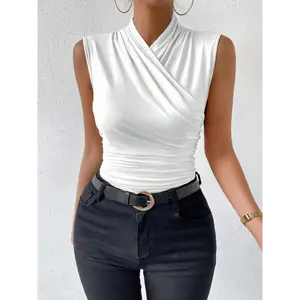 Rafferiza Women's Fashion Summer Solid Color Crisscross Pleated Sleeveless Tank Top Fit White