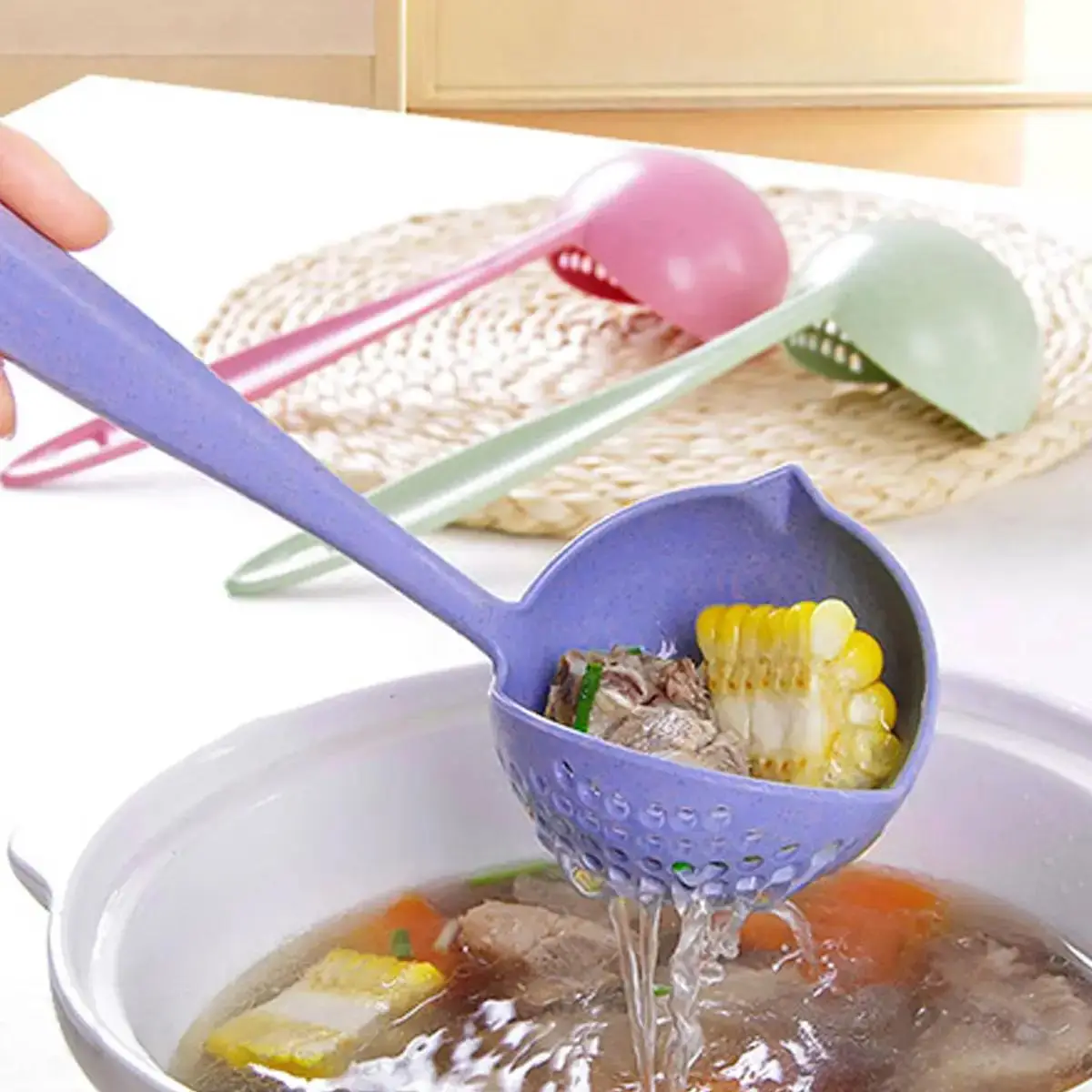 2 in 1 Long Handle Soup Spoon with Filter Strainer, Soup Cooking Colander Spoon, Cooking Utensil for Home & Outdoor Camping Use, Kitchen Accessories