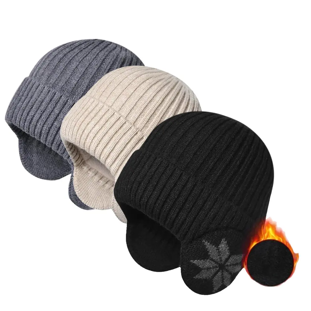 Winter Fleece Line Beanie with Earflap for Men Women, Outdoor Warm Thermal Knitted Hat Stocking Caps