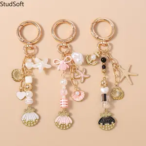 New Stylish Striped & Pearl-Beaded Keychain — Seashell & Starfish Key Fob / Bag Charm