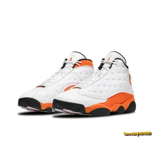 White and Orange High-Top Retro Basketball Shoes with Leather and Suede Upper, Black Outsole