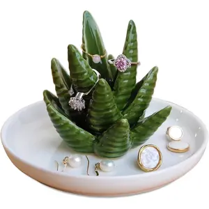 Aloe & Cactus Ring Holder Trinket Tray, Creative Jewelry Dish Organizer for Rings Earrings Necklace, Perfect Bridesmaid Christmas Birthday Gift for Women Girls