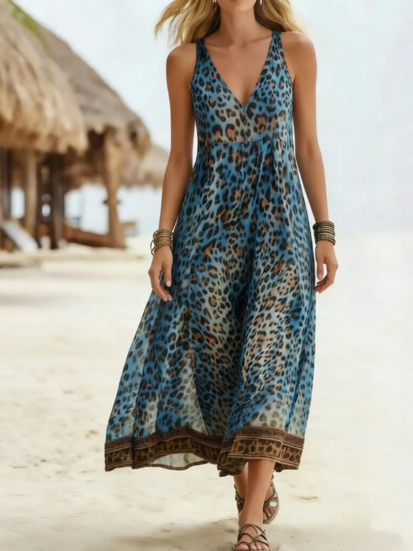 202 Summer New Women's Leopard Print Casual Sleeveless Zipper V-Neck Dress, Trendy Fashion for Daily Wear, Comfortable and Stylish Design, Casual Elegant Dresses, Casual Chic Outfit